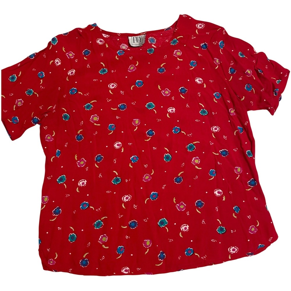 IVY Womens Red Blue Floral Print Short Sleeve Retro Top Blouse Vintage 1990s Y2K
